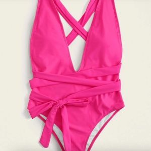 Neon Pink Tie One Piece Swimsuit size S
